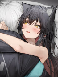 1boy 1girl absurdres animal_ear_fluff animal_ears arknights black_hair black_jacket blush colored_inner_hair commentary_request doctor_(arknights) hair_between_eyes hetero highres hug jacket long_hair lying multicolored_hair on_back open_mouth red_hair short_hair smile tab_head texas_(arknights) white_hair yellow_eyes