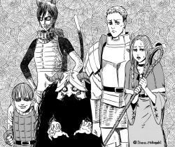 Rule 34 | 2girls, 3boys, ambrosia (dungeon meshi), animal ears, armor, artist name, beard, braid, capelet, cat ears, cat girl, cat tail, chilchuck tims, commentary request, dungeon meshi, elf, evil grin, evil smile, expressionless, facial hair, fake horns, frown, grin, hands up, helmet, high contrast, holding, holding staff, horned helmet, horns, horror (theme), izutsumi, jinou rakugaki, laios touden, leather armor, long beard, long sleeves, looking at viewer, low twin braids, mage staff, marcille donato, monochrome, multiple boys, multiple girls, parody, parted lips, plate armor, pointy ears, scarf, senshi (dungeon meshi), short hair, smile, staff, style parody, tail, twin braids, twitter username, very long beard