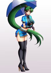 1girl absurdres alternate_costume breasts earrings fingerless_gloves fire_emblem fire_emblem:_the_blazing_blade gloves green_eyes high_ponytail highres holding holding_umbrella jewelry large_breasts long_hair looking_at_viewer lyn_(fire_emblem) navel nintendo parasol ponytail race_queen side_slit simple_background smile solo thighhighs umbrella very_long_hair will_(willanator93)