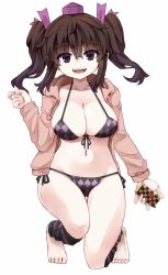 1girl :d barefoot bikini black_bikini breasts cellphone checkered_bikini checkered_clothes cleavage collarbone commentary_request commission flip_phone full_body hair_between_eyes hair_ribbon hat himekaidou_hatate holding holding_phone jacket kneeling large_breasts leg_warmers long_sleeves looking_at_viewer multi-source_commentary open_clothes open_jacket open_mouth phone pink_jacket purple_eyes purple_hair purple_ribbon ribbon side-tie_bikini_bottom simple_background skeb_commission smile solo swimsuit tokin_hat touhou twintails white_background zetsumame