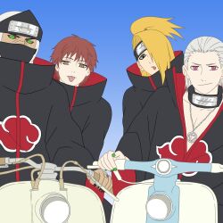 4boys akatsuki_uniform blonde_hair blue_eyes blue_sky brown_eyes closed_mouth deidara_(naruto) forehead_protector green_eyes green_nails grey_hair hidan_(naruto) highres kakuzu_(naruto) looking_at_viewer male_focus mask motor_vehicle motorcycle mouth_mask multiple_boys nail_polish naruto_(series) naruto_shippuuden ninja ninja_mask open_mouth outdoors purple_eyes red_hair riding sasori_(naruto) sky tongue tongue_out yi_(199702090505)