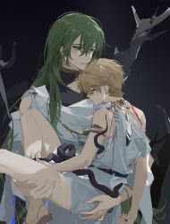 1boy 1other absurdres aldaduzuoaoda androgynous armlet black_background blonde_hair carrying carrying_person child child_carry child_gilgamesh_(fate) closed_eyes earrings enkidu_(fate) gilgamesh_(fate) green_eyes green_hair hair_between_eyes highres jewelry long_hair necklace robe short_hair snake tree very_long_hair white_robe