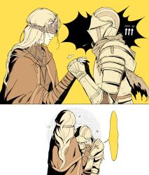 1girl 1other ambiguous_gender armor ashen_one_(dark_souls) bandaged_arm bandages breastplate capelet covered_eyes crying dark_souls_(series) dark_souls_iii dress english_text fire_keeper full_armor gameplay_mechanics gauntlets helm helmet highres holding_hands long_hair profile simple_background sqqccca sweatdrop torn_clothes