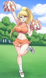alternate_costume armpits breasts canadiananiguy cheerleader large_breasts metroid nintendo presenting_armpit samus_aran stomach
