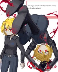 Rule 34 | 2girls, alternate costume, belt, belt buckle, black shirt, blonde hair, blood, blood on clothes, blood on face, blood on neck, boots, buckle, closed mouth, collared shirt, commentary request, don quixote (project moon), english text, eyelashes, hat, highres, limbus company, marshmallow (site), multiple girls, nervous, nervous sweating, pants, parted lips, peaked cap, project moon, red eyes, ro/ku, sancho (project moon), shirt, shirt tucked in, simple background, sweat, sweatdrop, upside-down, w corp. (identity) (project moon), wavy hair, white background