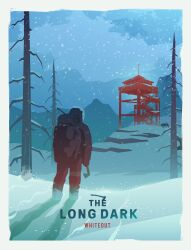 1boy absurdres axe backpack bag bare_tree bedroll bow_(weapon) copyright_name highres holding holding_axe holding_weapon hood hooded_coat long_sleeves looking_at_fire lookout_platform mikalaimanyshau panties rock scenery snow snowing solo stairs standing the_long_dark tree underwear weapon winter wolf