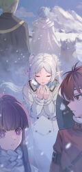 2girls 4boys absurdres axe back blue_hair blue_scarf brown_hair chinese_commentary cloak closed_eyes coat commentary_request dwarf earrings eisen_(sousou_no_frieren) elf facing_viewer fake_horns fern_(sousou_no_frieren) frieren green_hair grey_hair heiter helmet highres himmel_(sousou_no_frieren) horned_helmet horns house jewelry long_sleeves looking_at_another mountain multiple_boys multiple_girls outdoors pointy_ears purple_eyes purple_hair red_eyes red_hair scarf sousou_no_frieren stark_(sousou_no_frieren) teardrop_earrings twintails weapon weapon_on_back white_cloak white_coat xuya2333