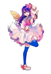1girl angel_wings artbook blue_eyes blue_theme bright_pupils dot_nose dress earrings eyelashes fake_wings feathered_wings finger_frame footwear_ribbon frilled_dress frilled_gloves frilled_sleeves frills full_body gloves happy highres hoshino_ai idol jewelry layered_legwear leg_up light_blush long_hair long_sleeves mary_janes official_art one_eye_closed one_side_up open_mouth oshi_no_ko pink_gloves pink_ribbon pink_socks puffy_long_sleeves puffy_sleeves purple_hair ribbon shoes short_dress simple_background smile socks solo star-shaped_pupils star_(symbol) star_earrings symbol-shaped_pupils third-party_source three-quarter_sleeves white_background white_dress white_pupils white_shoes wings yellow_wings yokoyari_mengo