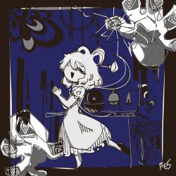 1girl 3ma_can_omochi against_fourth_wall balance_scale beaker blue_background border commentary_request cracked_screen disembodied_hand dress fingerprint flats frilled_dress frilled_sleeves frills from_side full_body greyscale_with_colored_background hair_ornament hair_rings hairpin hands_up highres kaku_seiga medium_hair narrowed_eyes no_pupils open_mouth outside_border palms_together plantar_flexion puffy_short_sleeves puffy_sleeves short_sleeves signature smile solo standing standing_on_one_leg table touhou weighing_scale