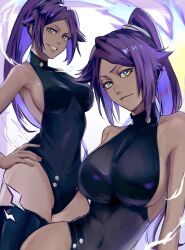 1girl bare_arms bare_shoulders black_leotard black_thighhighs bleach breasts covered_collarbone covered_navel dark-skinned_female dark_skin hand_on_own_hip highleg highleg_leotard highres large_breasts leotard long_hair looking_at_viewer parted_bangs ponytail purple_hair shihouin_yoruichi sideboob smile thighhighs thighs toned toned_female uno_0a very_long_hair yellow_eyes