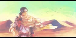 1boy amago_haruhisa_(sengoku_basara) armor black_hair frown green_sky headband japanese_armor letterboxed light_frown looking_to_the_side male_focus sand sengoku_basara short_hair sky solo toruglose upper_body white_headband yellow_cloak