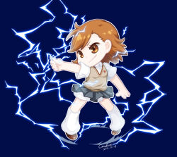 Rule 34 | 1girl, black skirt, blue background, brown hair, brown shoes, brown vest, chibi, chibi only, closed mouth, coin, commentary request, crodire, dated, electricity, electrokinesis, full body, holding, holding coin, leg warmers, miniskirt, misaka mikoto, pleated skirt, school uniform, shirt, shoes, simple background, skirt, smile, solo, toaru kagaku no railgun, toaru majutsu no index, tokiwadai school uniform, vest, white shirt