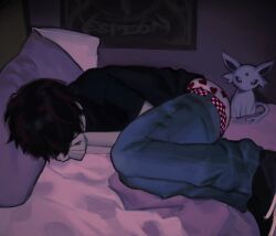 1boy black_hair character_doll checkered_belt denim doll emo_fashion espe6n espeon gen_2_pokemon go_cry_emo_kid_(meme) highres indoors jeans male_focus male_underwear meme nintendo on_bed original painterly pants photo-referenced pillow pokemon poster_(object) short_hair solo stuffed_toy underwear
