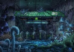 abandoned artist_name broken clock commentary_request crack cracked_floor dark english_text escalator fare_gate fungus highres indoors mold mushroom no_humans original overgrown plant_roots ripples ruins scenery seal_impression shallow_water sign signature silk spider_web tile_floor tiles tokyogenso train_station water wheelchair_sign