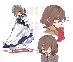 1boy akechi_gorou alternate_costume apron black_dress black_necktie bow bowtie brown_hair brown_suit closed_eyes collared_shirt dress enmaided formal_clothes frilled_apron frills from_side hair_between_eyes highres light_blush looking_at_viewer maid maid_apron maid_headdress male_focus multiple_views necktie open_mouth persona persona_5 red_eyes sadakata_misa shirt short_hair smile striped_bow striped_bowtie striped_clothes striped_necktie suit trap vertical-striped_clothes vertical-striped_necktie waist_apron white_apron white_shirt