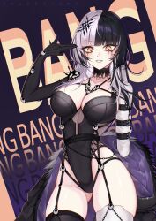 1girl alternate_costume asymmetrical_legwear asymmetrical_sleeves black_choker black_coat black_hair black_leotard black_thighhighs choker coat finger_gun finger_gun_to_head fur-trimmed_coat fur_trim garter_straps gluteal_fold grey_hair highleg highleg_leotard highres hololive hololive_english leotard long_hair makeup mismatched_legwear mismatched_sleeves multicolored_hair runny_makeup shee_kiyomi_(artist) shiori_novella solo split-color_hair teeth thighhighs virtual_youtuber white_thighhighs yellow_eyes yorick_(shiori_novella)