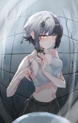1girl absurdres alternate_hair_length alternate_hairstyle black_hair black_pants bra breasts closed_mouth commentary cutting_hair cutting_own_hair english_commentary grey_hair highres holding holding_scissors hololive hololive_english kurochanai light_frown medium_breasts multicolored_hair navel pants reflection reflection_focus scissors shiori_novella solo split-color_hair tile_wall tiles two-tone_hair underwear virtual_youtuber white_bra yellow_eyes