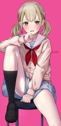 1girl azusawa_kohane black_socks blonde_hair blue_skirt blush brown_eyes cardigan hand_up harii_(janib5kc) highres knee_up kneehighs loafers long_sleeves looking_at_viewer miniskirt neckerchief open_mouth pink_background pleated_skirt project_sekai red_neckerchief sailor_collar school_uniform serafuku shoes sidelocks simple_background sitting skirt socks solo twintails twitter_username white_sailor_collar yellow_eyes