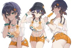 1girl absurdres ass belle_(zenless_zone_zero) blue_hair food green_eyes hair_ornament highres letter_hair_ornament navel noir_(noir_reveur) official_alternate_costume orange_shorts popsicle see-through_clothes shorts smile solo zenless_zone_zero