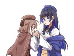 2girls ahoge anco_(platanity) beret blue_coat blue_eyes blunt_bangs breath brown_cape brown_dress brown_eyes brown_hair cape coat colored_inner_hair commentary dress english_commentary eyewear_strap glasses hair_intakes hat highres hime_cut hololive hololive_english long_hair mittens multicolored_hair multiple_girls nanashi_mumei official_alternate_costume official_alternate_hairstyle ouro_kronii ouro_kronii_(casual) ribbon round_eyewear shirt short_hair very_long_hair virtual_youtuber white_shirt