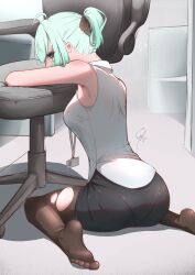 1girl absurdres aqua_eyes aqua_hair armpits breasts chair collared_shirt feet gradient_hair grey_hair hair_ribbon highres id_card indie_virtual_youtuber medium_breasts mint_fantome multicolored_hair office_chair office_lady pantyhose pencil_skirt ponytail ribbon shirt sitting skirt sleeveless sleeveless_shirt solo swivel_chair syxh thighs toes torn_clothes torn_pantyhose virtual_youtuber wariza white_shirt