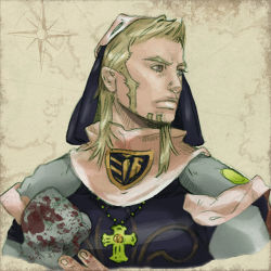 1boy aged_down bad_id bad_pixiv_id beard blonde_hair cross cross_necklace facial_hair gregorio_zeppeli hood jewelry jojo_no_kimyou_na_bouken male_focus mullet necklace solo steel_ball_run tanaka_kaori