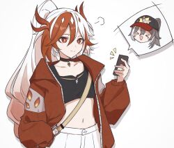 Rule 34 | 2girls, baseball cap, black choker, black tank top, breasts, choker, fu hua, fu hua (garuda), grey hair, hat, herrscher of sentience, highres, holding, holding phone, honkai (series), honkai impact 3rd, jacket, long hair, multicolored hair, multiple girls, navel, official alternate costume, phone, red eyes, red hair, red jacket, shorts, simple background, small breasts, stomach, tank top, torein (and rain3), two-tone hair, very long hair, white background, white hair, white shorts