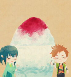 Rule 34 | 2boys, :d, black hakama, black shirt, blue hakama, bokujou monogatari, bokujou monogatari: mittsu no sato no taisetsuna tomodachi, brown hair, chibi, chibi only, closed mouth, double-parted bangs, food, green hair, green haori, green kimono, hair between eyes, hakama, haori, hinata (bokujou monogatari), holding, holding spoon, japanese clothes, jinbei (clothes), kimono, long hair, male focus, multiple boys, open mouth, orange shirt, oversized food, oversized object, parted bangs, ponytail, rattail, salad726, shaved ice, shirt, short hair, side part, sidelocks, smile, spiked hair, spoon, thick eyebrows, wide sleeves, yellow background, yuzuki (bokujou monogatari)