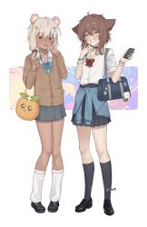2boys absurdres animal_ears bag bead_bracelet beads black_eyes black_shoes black_skirt black_socks blue_bow blue_bowtie bow bowtie bracelet brown_cardigan brown_hair capybara_boy cardigan cardigan_around_waist cat_ears cellphone clothes_around_waist commentary crossdressing dark-skinned_male dark_skin full_body grey_hair gyaru highres holding holding_phone jewelry kneehighs kogal loafers looking_at_viewer male_focus medium_hair miniskirt multiple_boys original phone pleated_skirt rat_squeak red_bow red_bowtie school_bag school_uniform scrunchie shirt shirt_tucked_in shoes shoulder_bag side-by-side skirt smartphone smile socks standing tongue tongue_out trap twitter_username v v_over_mouth w white_shirt white_socks wrist_scrunchie