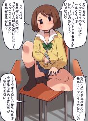 1girl absurdres black_eyes black_panties brown_hair forehead freckles highres jitome jk_mob-chan_(minami_aomori) minami_aomori on_chair original panties short_hair sitting talking thighs underwear