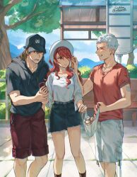 Rule 34 | 1girl, 2boys, aragaki shinjirou, bandaid, bandaid on arm, bandaid on face, black hoodie, blue sky, brown eyes, brown hair, bus stop, closed eyes, collarbone, commentary, denim, denim shorts, english commentary, grey hair, happy, hat, highres, holding, holding phone, hood, hoodie, kirijou mitsuru, long hair, multiple boys, one eye closed, outdoors, persona, persona 3, phone, red eyes, red hair, sanada akihiko, shirt, short hair, short sleeves, shorts, signature, sky, smile, soc nau, standing, summer, sweat, t-shirt, tree, twitter username, wavy hair, white shorts