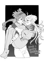 2girls absurdres arms_around_neck baesong blush carrying closed_mouth commentary_request eye_contact gloves greyscale gundam gundam_suisei_no_majo hairband heart highres korean_commentary korean_text long_hair looking_at_another miorine_rembran monochrome multiple_girls parted_lips ponytail princess_carry smile spacesuit suletta_mercury thick_eyebrows translation_request yuri
