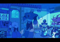5boys android armor bald beak bent_over bird blue_theme boomer_kuwanger_(mega_man) borezet bottle chill_penguin_(mega_man) drinking_straw from_behind group_picture highres holding holding_bottle horns indoors long_hair male_focus mega_man_(series) mega_man_x1 mega_man_x_(series) multiple_boys non-humanoid_robot penguin robot robot_animal sigma_(mega_man) x_(mega_man) zero_(mega_man)