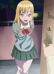 1girl anime_screenshot arms_behind_back blonde_hair bow bowtie breasts collared_shirt doorway dot_nose female_focus green_eyes green_skirt green_sweater highres huffing kyou_no_asuka_show kyouno_asuka legs long_hair long_sleeves looking_at_viewer miniskirt open_mouth pleated_skirt pov pov_doorway pov_hands red_bow red_bowtie school_uniform scratches shirt skirt small_breasts smile solo solo_focus sweat sweatdrop sweater thighs
