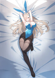 animal_ears asuna_(blue_archive) asuna_(bunny)_(blue_archive) black_pantyhose blue_archive blue_leotard bow bowtie breasts fake_animal_ears hair_over_one_eye highres legs leotard long_legs mole mole_on_breast official_alternate_costume pantyhose playboy_bunny richard4648 strapless strapless_leotard thighband_pantyhose thighs traditional_bowtie