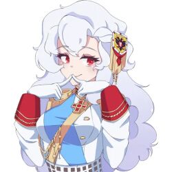 1girl aiguillette alpha_(alpha_1918) armband blue_sash breasts buttons collar cross cross_pendant epaulettes findoworld fluffy fluffy_hair gloves gold_buttons gold_trim hair_ornament index_fingers_together lips long_hair looking_to_the_side medium_breasts military military_uniform original red_eyes red_sleeve_cuffs russian_empire sash shy sleeve_cuffs smile solo sticker transparent transparent_background very_long_hair waist_sash white_gloves white_hair