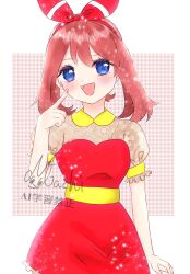 Rule 34 | 1girl, :d, alternate costume, blue eyes, blush, bow, bow hairband, brown hair, dress, hair bow, hairband, highres, index finger raised, looking at viewer, ma chimachi 128, may (pokemon), nintendo, open mouth, pokemon, pokemon oras, puffy short sleeves, puffy sleeves, red bow, red dress, red hairband, short hair, short sleeves, smile, solo