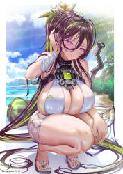 Rule 34 | bad feet, baseball bat, bikini, black hair, breasts, cleavage, crushed, flip-flops, flower, food, fruit, goddess of victory: nikke, green hair, guilty (nikke), guilty (wave of disbelief) (nikke), hair between eyes, hair flower, hair ornament, highres, huge breasts, kein hasegawa, long hair, metal baseball bat, multicolored hair, nail polish, official alternate costume, purple eyes, sandals, swimsuit, thighs, toenail polish, toenails, toes, two-tone hair, watermelon, white bikini