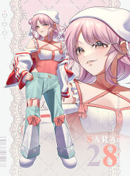 Rule 34 | absurdres, adapted costume, blue pants, breasts, brown eyes, close-up, copyright name, denim, fingernails, full body, guumin, hand on own hip, hat, highres, jacket, jeans, medium breasts, medium hair, multiple views, pants, pink hair, pink shirt, pom pom (clothes), red jacket, red nails, sara (touhou), shirt, sitting, smile, smirk, spaghetti strap, torn clothes, torn jeans, torn pants, touhou, touhou (pc-98), white footwear, white hat, white jacket, white shirt, yellow nails