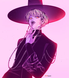 1boy 404kumi baby_(kpop_demon_hunters) black_sleeves blonde_hair demon eyes_visible_through_hair fangs gatkkeun hair_over_eyes highres jewelry korean_clothes korean_traditional_hat kpop_demon_hunters looking_at_viewer male_focus necklace open_mouth pink_background red_pupils ring short_hair simple_background solo teeth twitter_username upper_body yellow_eyes