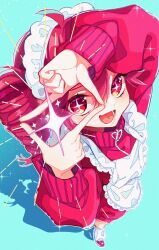 +_+ 1girl ahoge alternate_costume apron arms_up blue_background commentary_request drill_hair enmaided finger_frame foreshortening from_above highres jacket kasane_teto looking_at_viewer loose_socks lower_teeth_only maid maid_headdress medium_hair open_mouth red_eyes red_hair red_jacket red_shoes red_shorts shadow shigure_(rinky_creater) shining shoes shorts smile socks solo sparkle standing teeth track_jacket twin_drills unconventional_maid utau white_apron white_socks