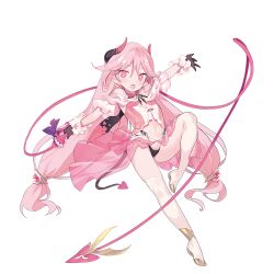 1girl action_taimanin black_gloves blade_(galaxist) cross-shaped_pupils demon_girl demon_horns demon_tail earrings full_body gloves holding holding_whip horns jewelry long_hair navel non-web_source official_art open_mouth outstretched_arms over-kneehighs photoshop_(medium) pink_eyes pink_hair pink_theme pointy_ears sharia_(taimanin) showgirl_skirt solo spread_arms symbol-shaped_pupils tail taimanin_(series) thighhighs transparent_background very_long_hair
