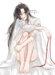 Rule 34 | 1010923, 1boy, ahoge, alternate costume, alternate hairstyle, androgynous, barefoot, bed, bed sheet, bishounen, black hair, blush, bottomless, brown eyes, brown hair, chinese clothes, feet, full body, hair down, hanfu, hickey, holding, holding ribbon, implied yaoi, knees up, long hair, looking at viewer, male focus, modao zushi, naked robe, on bed, open clothes, open mouth, open robe, partially undressed, red ribbon, ribbon, robe, simple background, sitting, smile, solo, toes, twitter username, watermark, wei wuxian, white background, white robe, wide sleeves