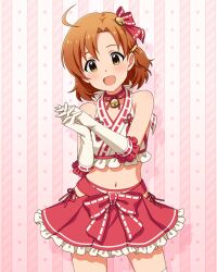 1girl :d ahoge bare_shoulders bell blush bow breasts collarbone concept_maihime_(idolmaster) cowboy_shot dot_nose elbow_gloves forehead frilled_gloves frilled_shirt frilled_skirt frills gloves hair_bell hair_ornament hair_ribbon halter_shirt halterneck hands_up hip_vent idolmaster idolmaster_million_live! idolmaster_million_live!_theater_days interlocked_fingers jingle_bell looking_at_viewer medium_hair midriff miniskirt navel neck_bell nontraditional_miko official_alternate_costume official_art open_mouth orange_hair own_hands_together panties parted_bangs pink_background pink_panties pink_ribbon pink_skirt pleated_skirt ribbon ribbon-trimmed_gloves ribbon-trimmed_shirt ribbon-trimmed_thighhighs ribbon_trim shirt side-tie_panties skirt sleeveless sleeveless_shirt small_breasts smile solo star_(symbol) thighhighs underwear waist_bow white_gloves white_thighhighs yabuki_kana yellow_eyes