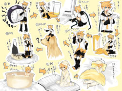 1boy bad_id bad_pixiv_id banana bathing cable dog eating food fruit holding holding_food holding_fruit juice kagamine_len lyrics male_focus mini_person miniboy music pajamas partially_translated riding riding_animal singing sleeping tama_(songe) translation_request usb vocaloid