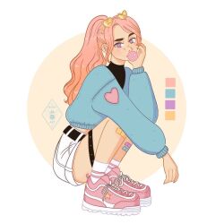 1girl bandages casual chewing_gum color_guide eyewear_on_head hand_on_own_face high_ponytail long_hair looking_at_viewer neia_(honei.studio) original pink_hair ponytail purple_eyes shoes shorts simple_background sneakers squatting sweater white_shorts