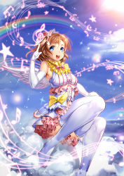10s 1girl ajishio angel_wings bare_shoulders beamed_quavers blue_eyes bow brown_hair crotchet_rest elbow_gloves female_focus frills gloves kosaka_honoka love_live! love_live!_school_idol_festival love_live!_school_idol_project musical_note no_shoes one_side_up open_mouth quaver sharp_sign short_hair solo musical_staff star_(symbol) thighhighs treble_clef white_thighhighs white_wings wings