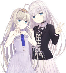 2girls ahoge armpit_crease bare_shoulders black_choker black_jacket black_nails black_ribbon blonde_hair blue_eyes blue_flower blue_rose bow bracelet breasts buttons checkered_clothes checkered_sweater choker collarbone collared_shirt company_connection company_name copyright_notice cowboy_shot cross cross_choker crossover crymachina crystar double_v dress dress_flower flower frilled_shirt_collar frilled_sleeves frills grey_hair hair_bow hair_intakes hand_up hands_up hatada_rei highres jacket jewelry lapels layered_clothes layered_sleeves leben_distel_(crymachina) long_hair long_sleeves looking_at_viewer multiple_girls neck_ribbon necklace notched_lapels official_art open_clothes open_jacket orange_bow pleated_skirt purple_nails ribbon ring riuichi rose shirt side-by-side sidelocks simple_background skirt small_breasts smile strapless strapless_dress sweater v very_long_hair white_background white_dress white_flower white_rose white_shirt white_skirt