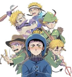 Rule 34 | &gt; o, 2boys, black hair, black headband, blue eyes, blue headwear, blue jacket, blush, bow (weapon), brown gloves, brown headwear, craig tucker, demon boy, demon horns, gloves, green headwear, green shirt, hat, headband, highres, holding, holding bow (weapon), holding polearm, holding weapon, horns, jacket, long sleeves, male focus, mina shon, multiple boys, one eye closed, polearm, purple gloves, red eyes, shirt, short hair, simple background, slingshot (weapon), south park, south park: the fractured but whole, south park: the stick of truth, sweatdrop, trident, tweek tweak, upper body, weapon, white background, wonder tweek, yellow eyes