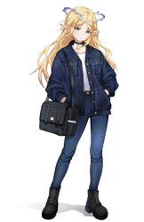 Rule 34 | 1girl, alternate costume, bing898515, black bag, black boots, blonde hair, blue eyes, boots, cartethyia (wuthering waves), closed mouth, commentary request, crown of thorns, denim, denim jacket, earrings, flat chest, full body, hands in pockets, highres, jacket, jeans, jewelry, light blush, long hair, looking at viewer, pants, parted bangs, pointy ears, shirt, sidelocks, solo, white shirt, wuthering waves